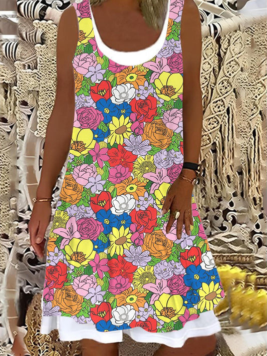 Ladies Colorful Flower Print False Two Dress