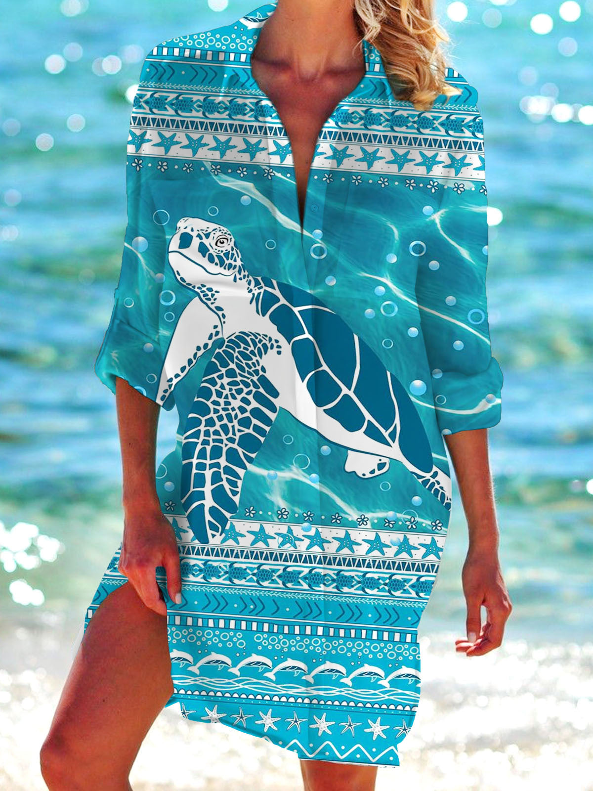 Turtle Print Long Sleeve Beach Shirt Dress