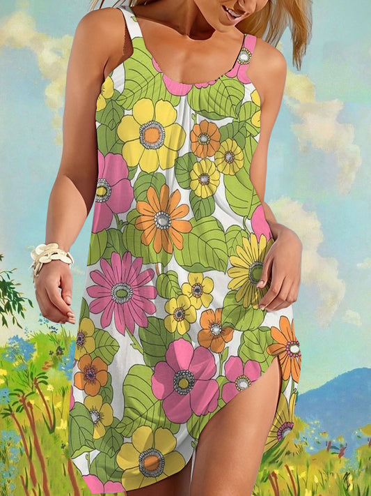 Retro 70s Floral Print Beach Dress