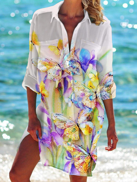 Butterfly Long Sleeve Beach Shirt Dress