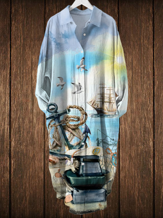 Seagull Pier Printed Long Sleeve Casual Shirt Dress