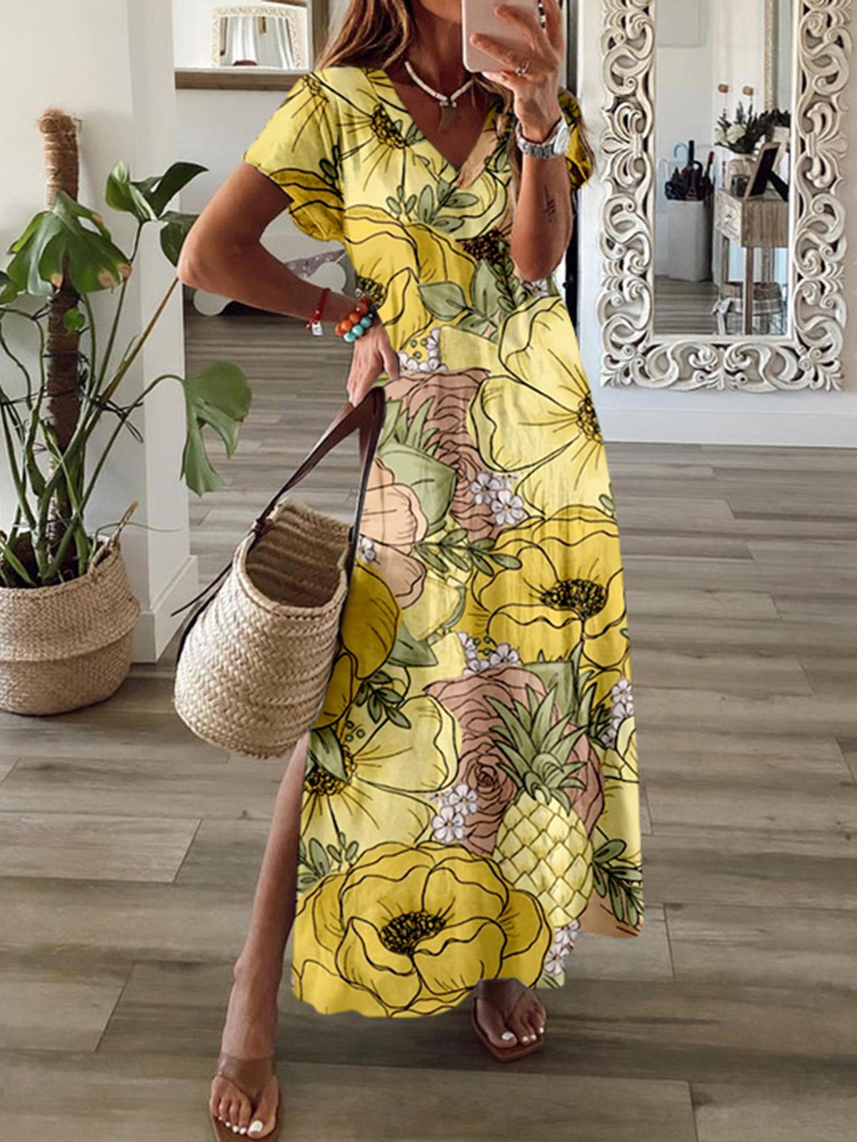 Dahlia Pineapple Print V Neck Maxi Dress