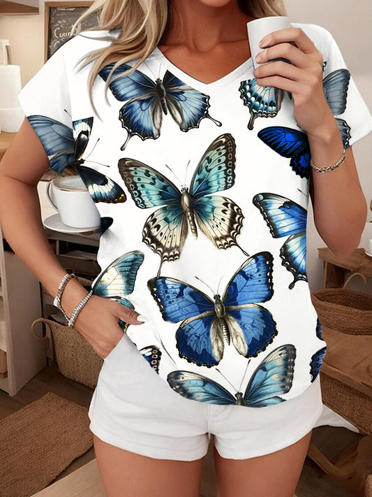 Women's Blue Butterfly Print V-Neck Top