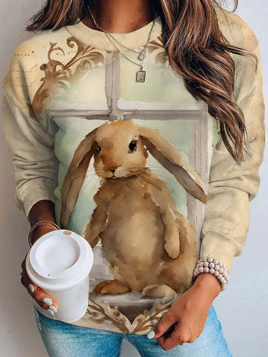 Women's Easter Bunny Retro Print Long Sleeve Top