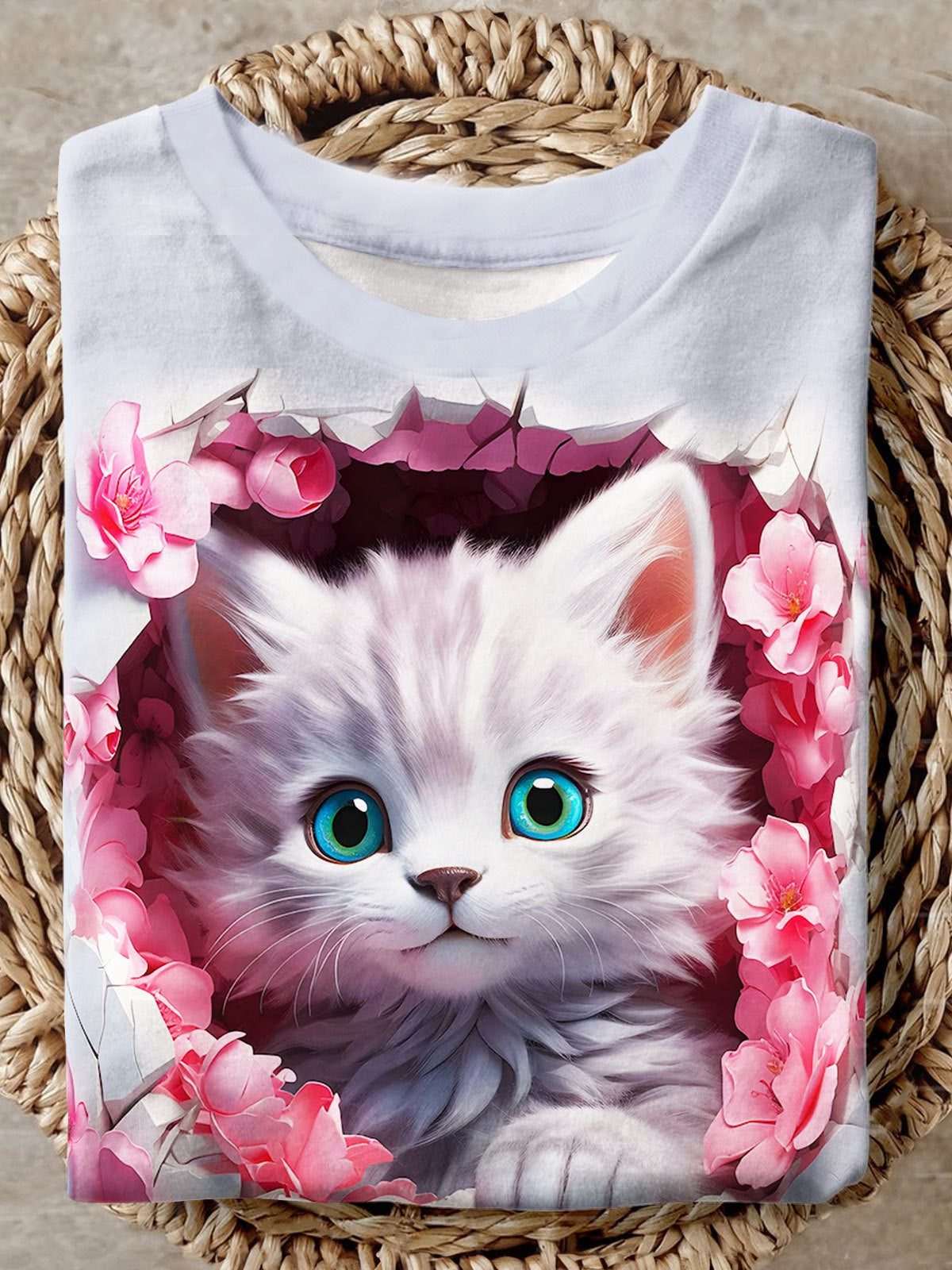3D Floral Cat Print Short Sleeve Top