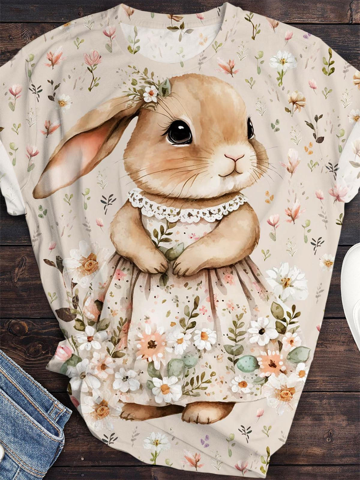 Floral Rabbit Print Crew Neck Top