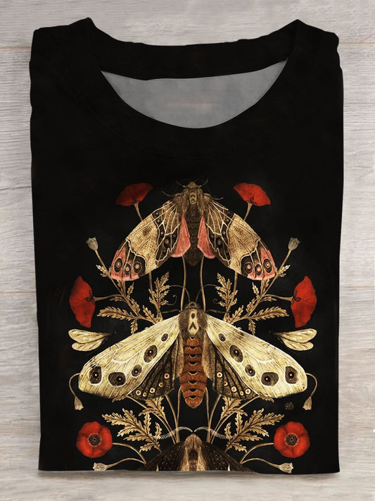 Retro Insect Print Casual Short Sleeve Top