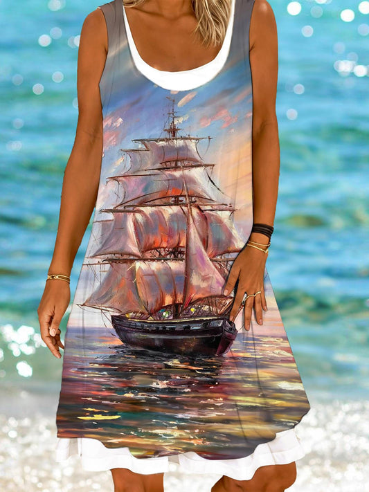 Oil Painting Ship Ladies False Two Dress