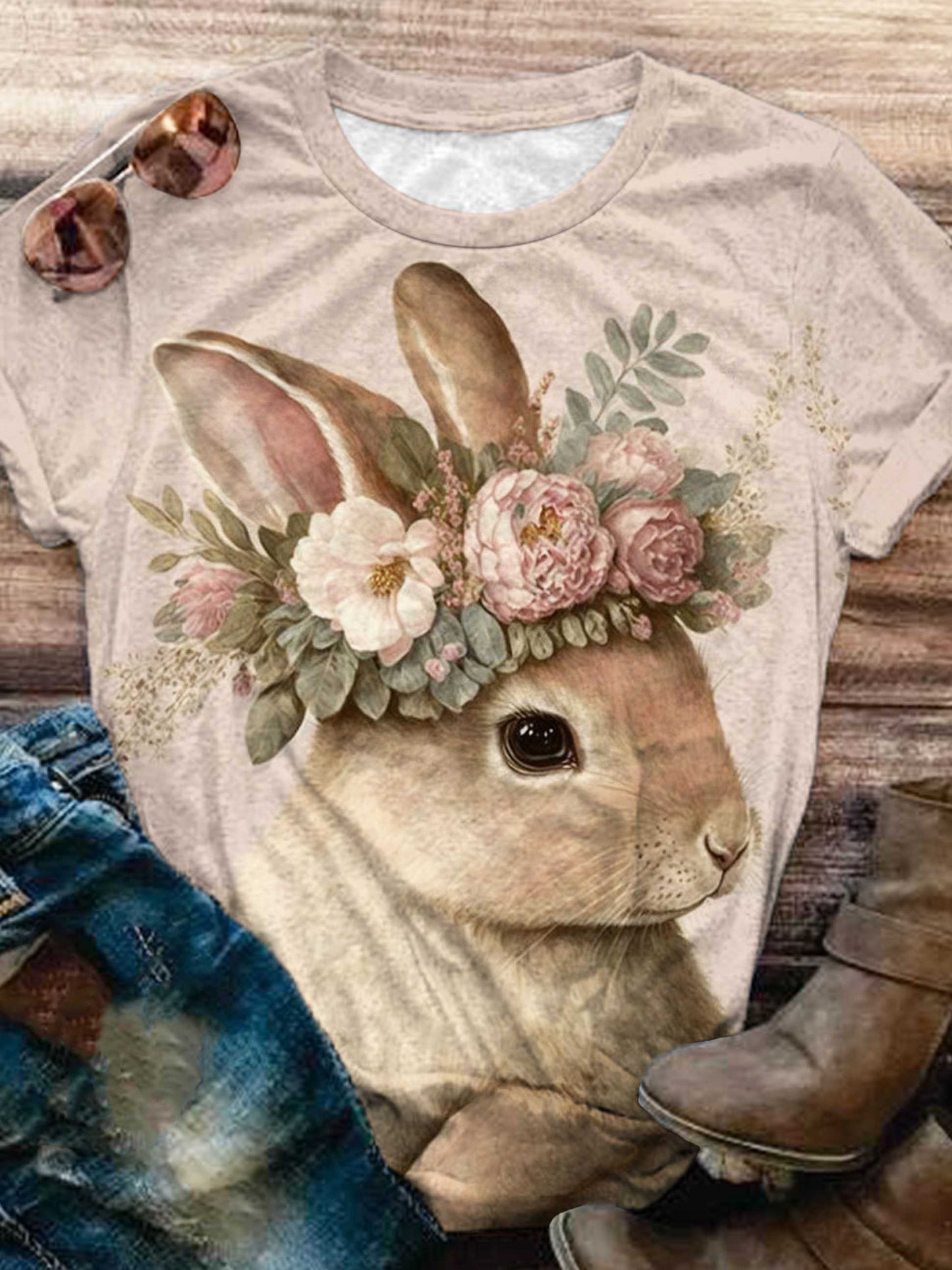 Retro Bunny Print Crew Neck T-Shirt