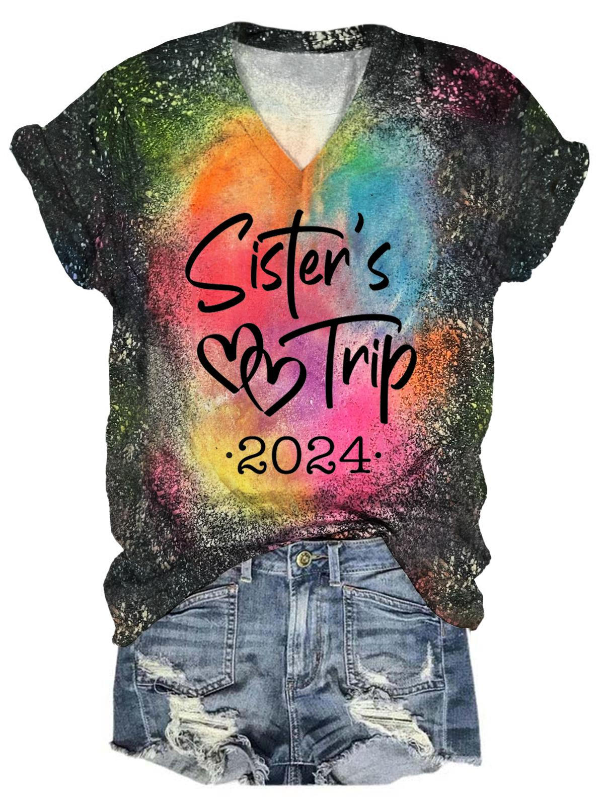 Sisters Trip 2024 Tie Dye Printed V Neck Top