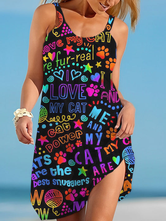 Rainbow Doodle I Love My Dog Print Casual Beach Dress