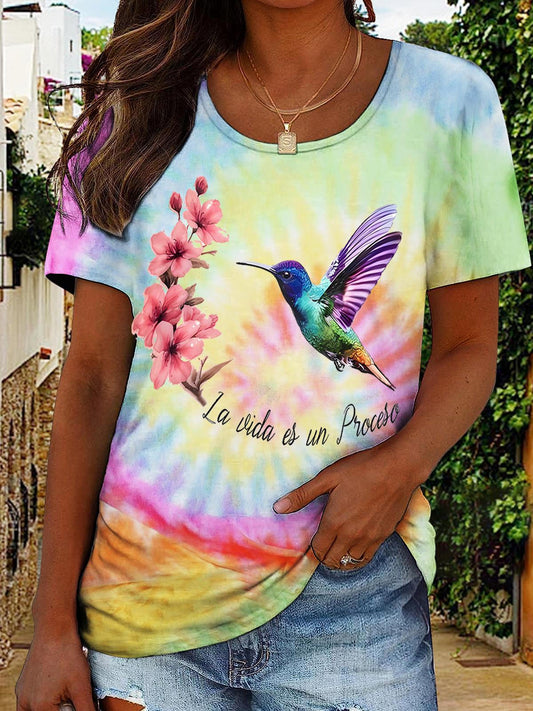 La Vida Es Un Pucesc Hummingbird Print Crew Neck T-shirt