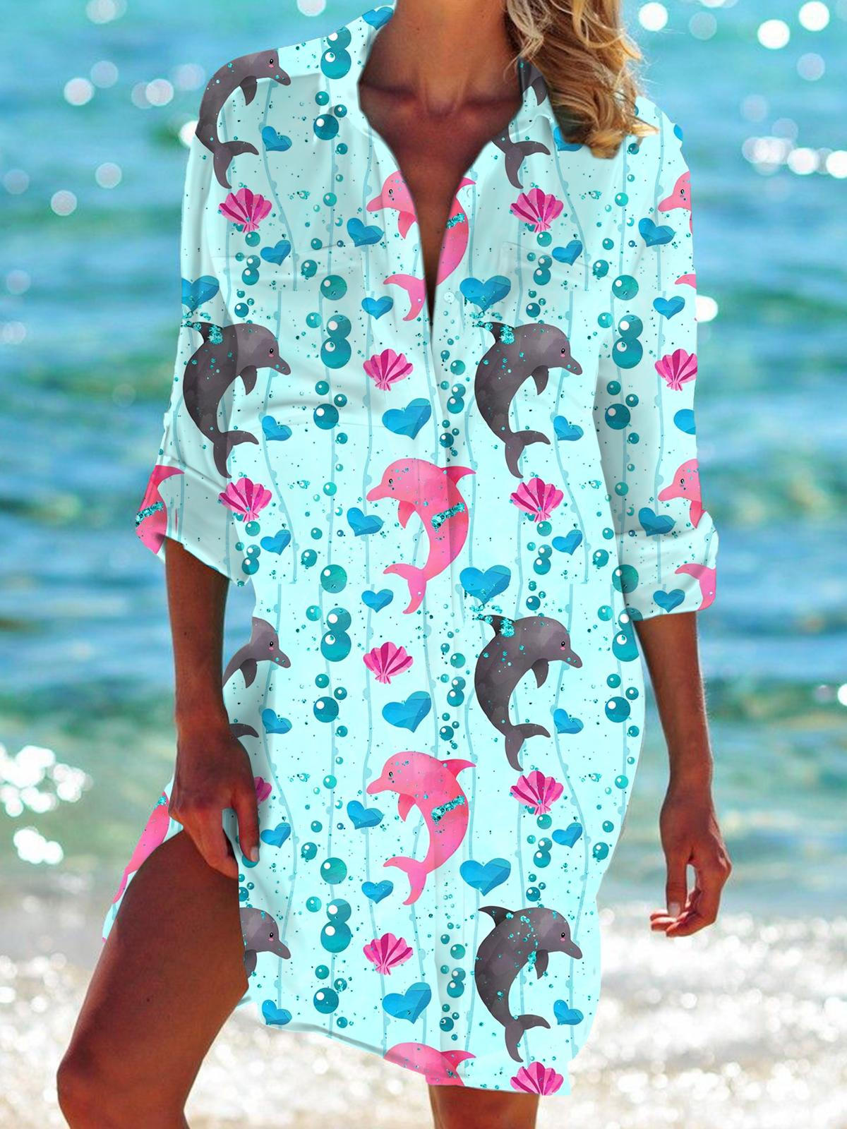 Dolphin Long Sleeve Beach Shirt Dress
