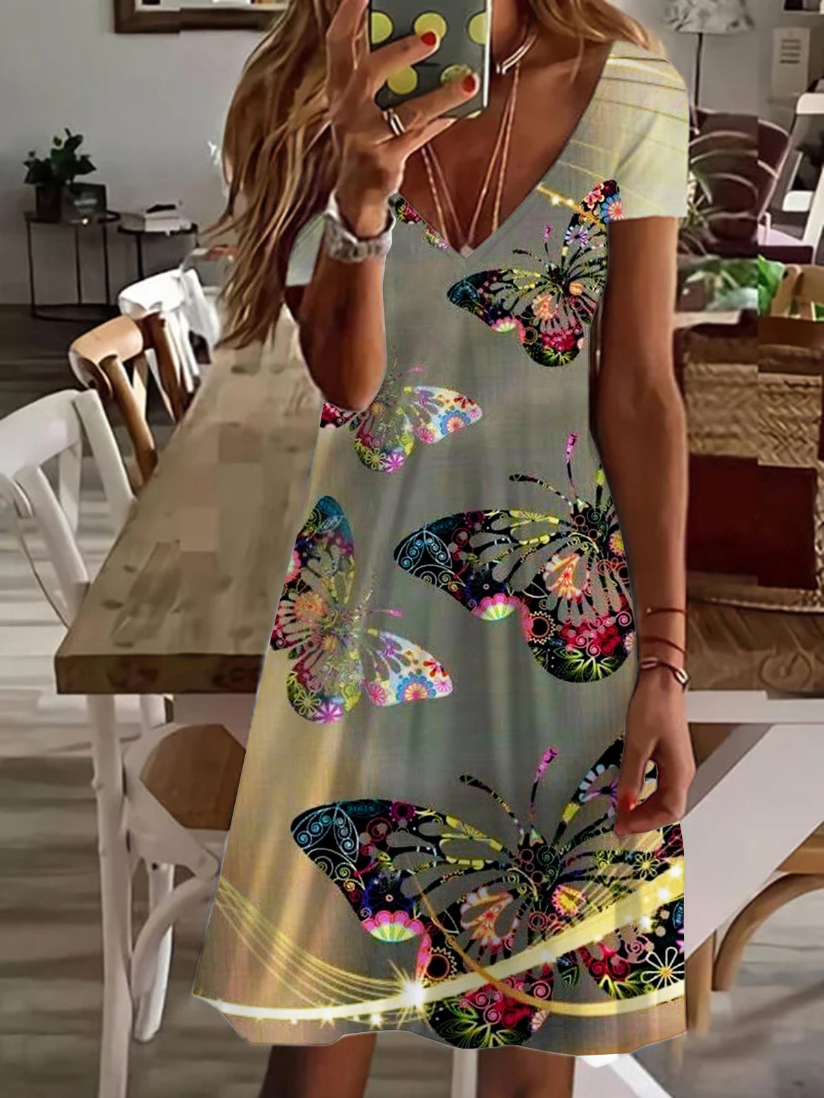 Abstract Line Butterfly V Neck Short Sleeve Dress