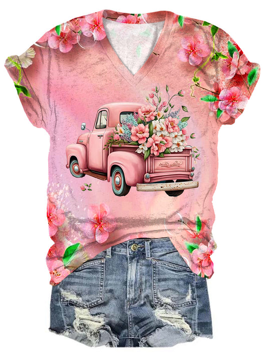 Floral Trucker Print Short Sleeve Casual Top