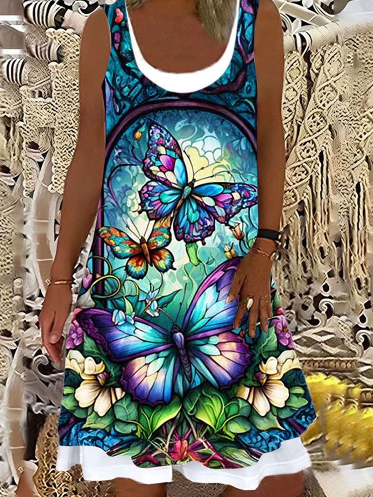 Women's Butterfly Print False Two Dress