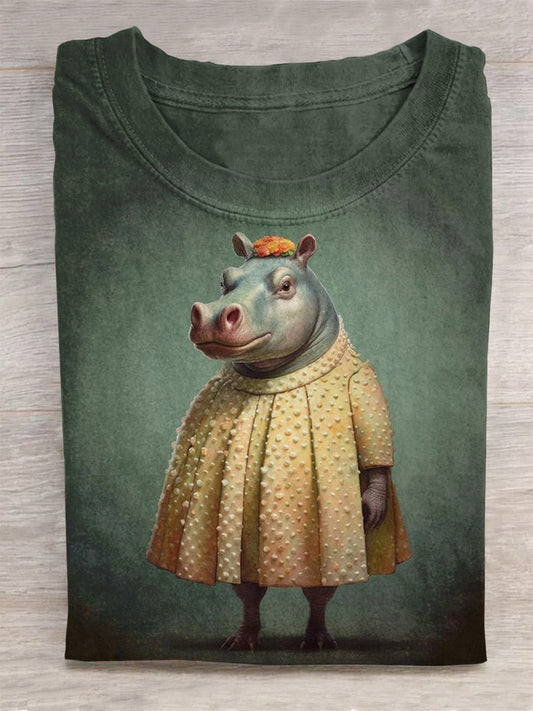 Funny Hippo Cute Lady Hippopotamus Art Crew Neck T-shirt