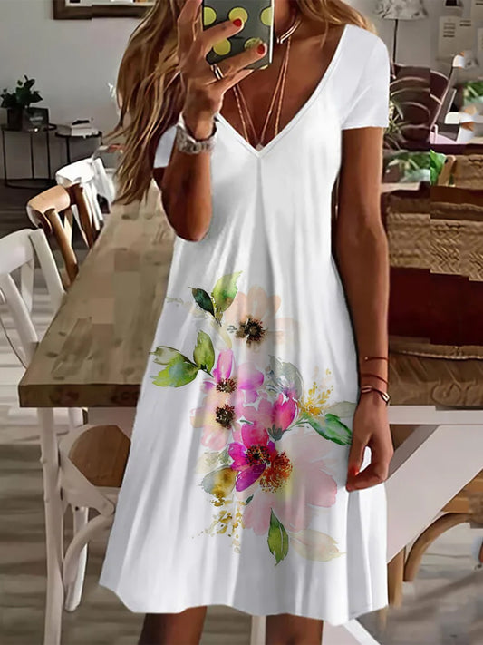 Floral V Neck Short Sleeve Dress