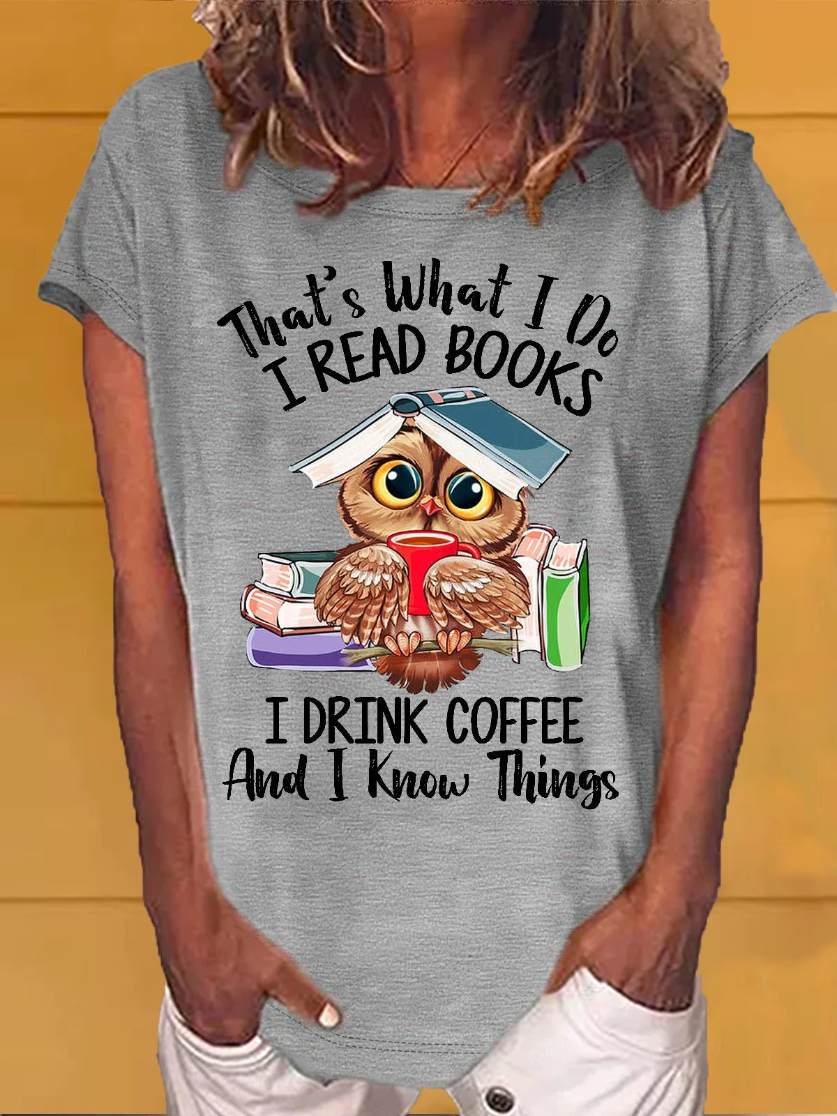 Owl Coffe Book Funny Casual Letters Crew Neck T-shirt