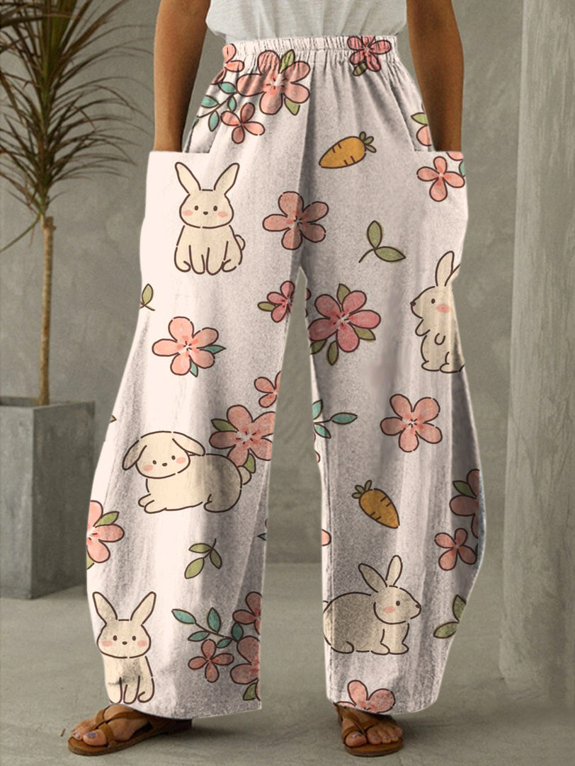 Floral Bunny Print Casual Pants