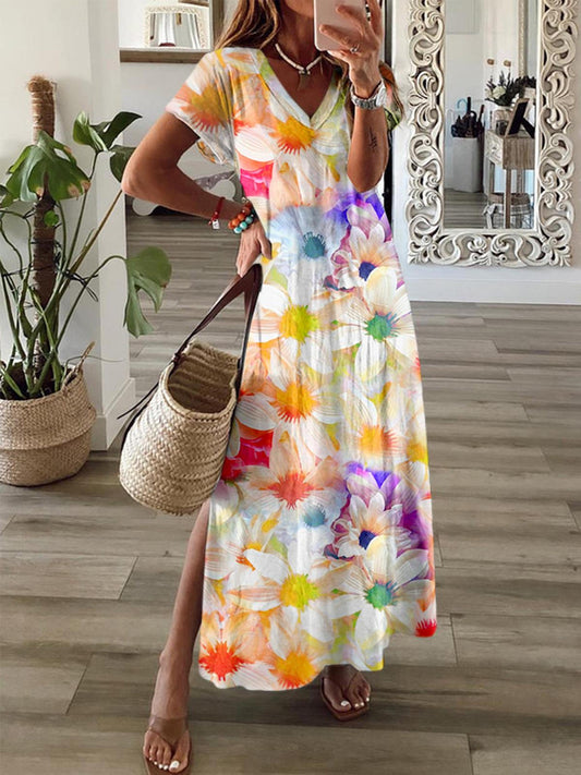 Rainbow Color Flower Printed V Neck Maxi Dress