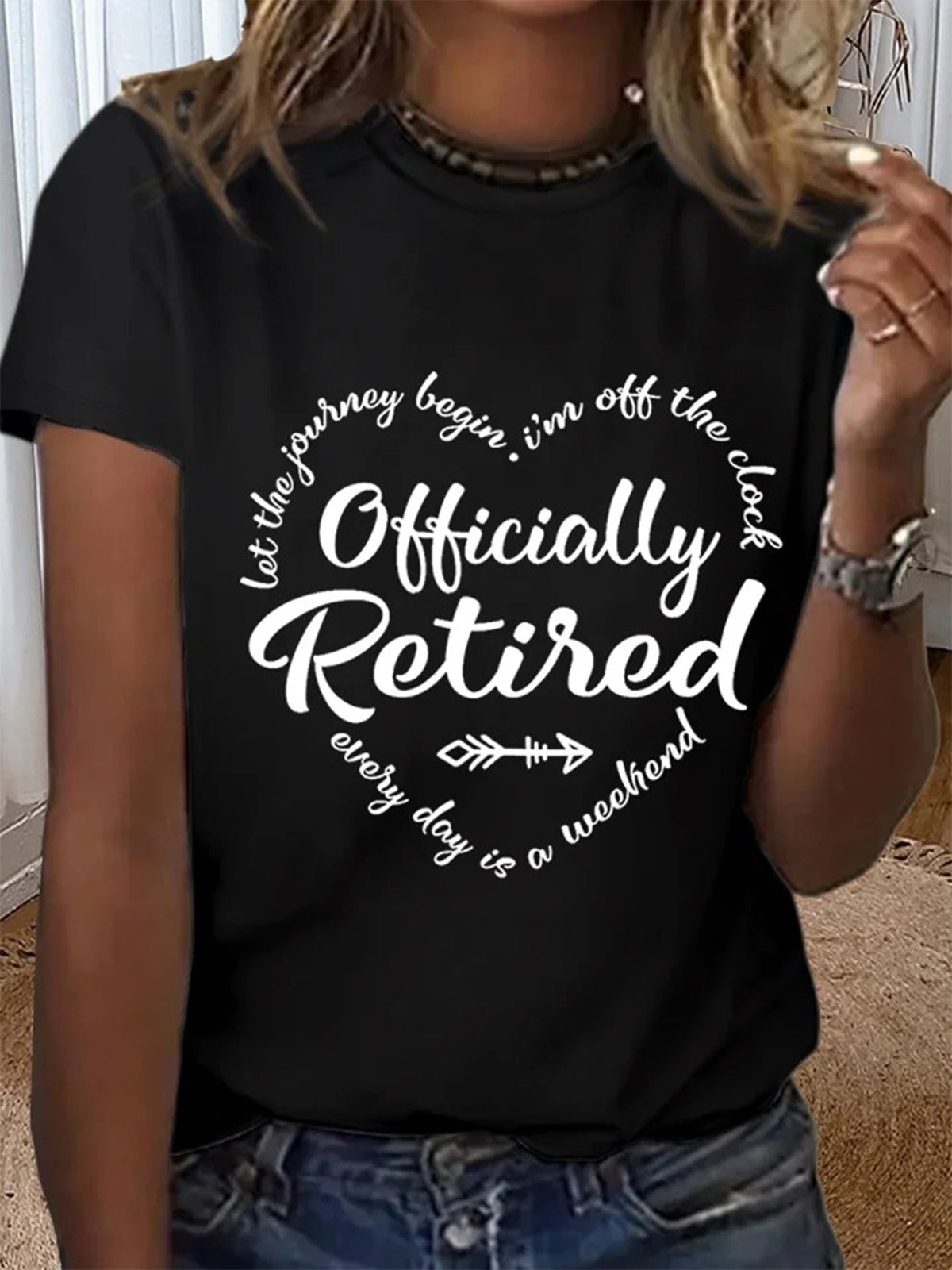 Retirement gift Officially Retired Text Letters Simple Crew Neck T-shirt