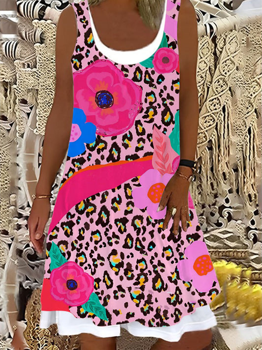 Ladies Leopard Floral Print False Two Dress