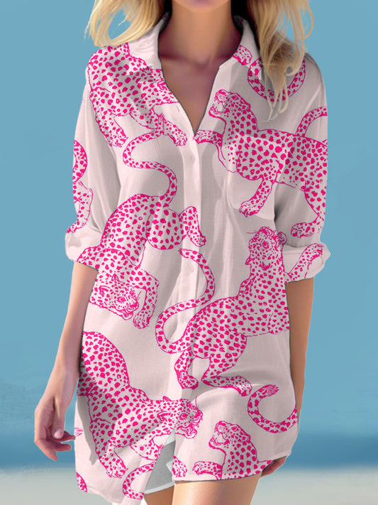 Pink Tiger Print Long Sleeve Beach Shirt Dress
