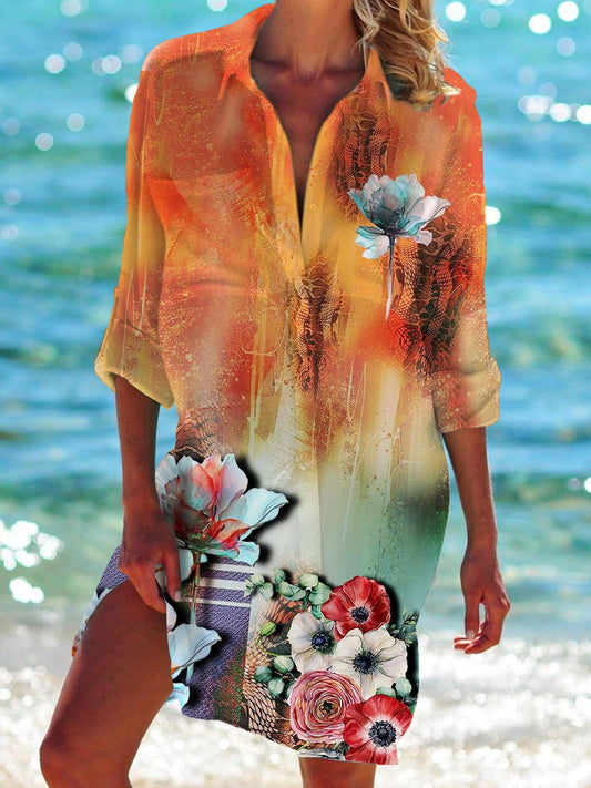 Flower Mural Long Sleeve Beach Shirt Dress