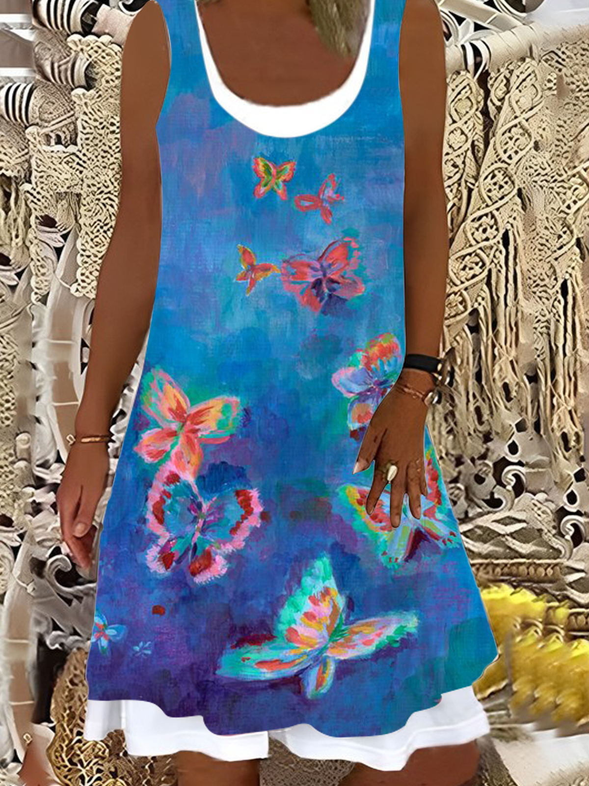 Butterfly Print Ladies False Two Dress