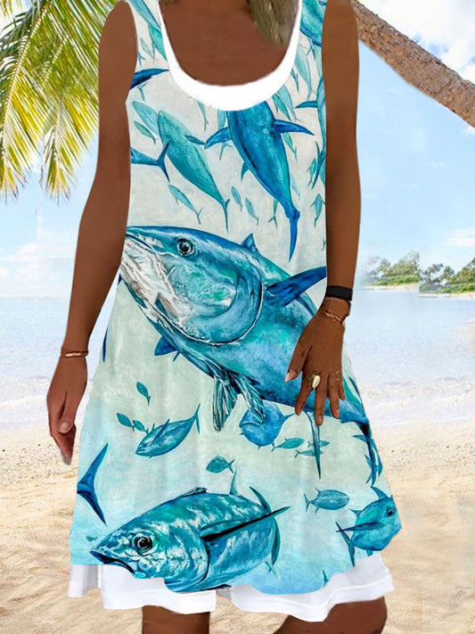 Fish Print Ladies False Two Dress