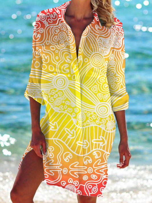 Gradient Vintage Linear Pattern Long Sleeve Beach Shirt Dress