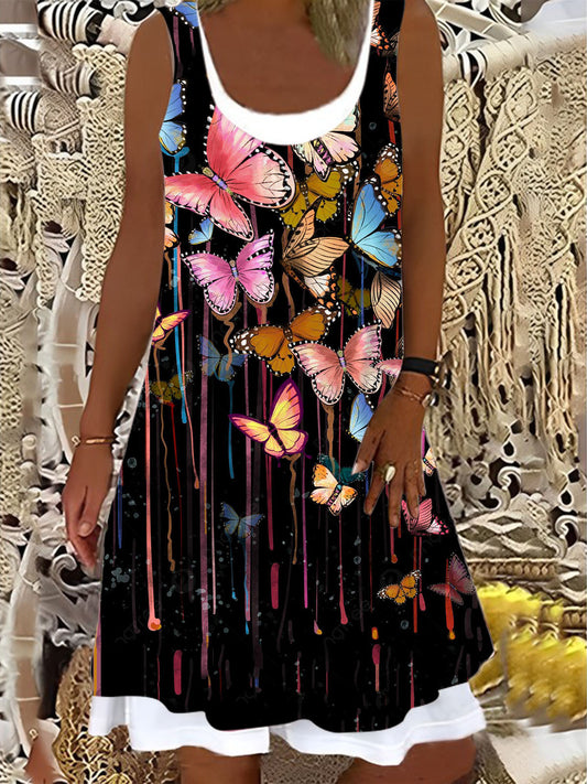 Ladies Butterfly Print False Two Dress