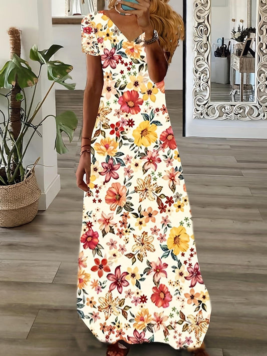 Flower Short Sleeve V Neck Maxi Dress