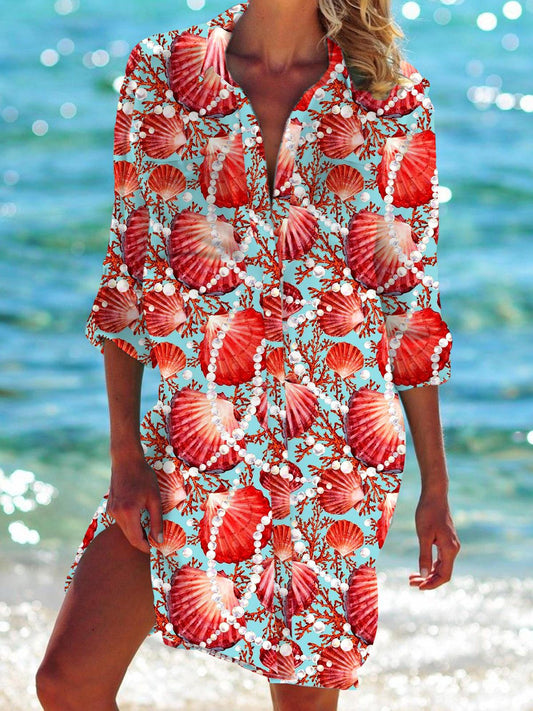 Hawaiian Sea Shell Long Sleeve Beach Shirt Dress