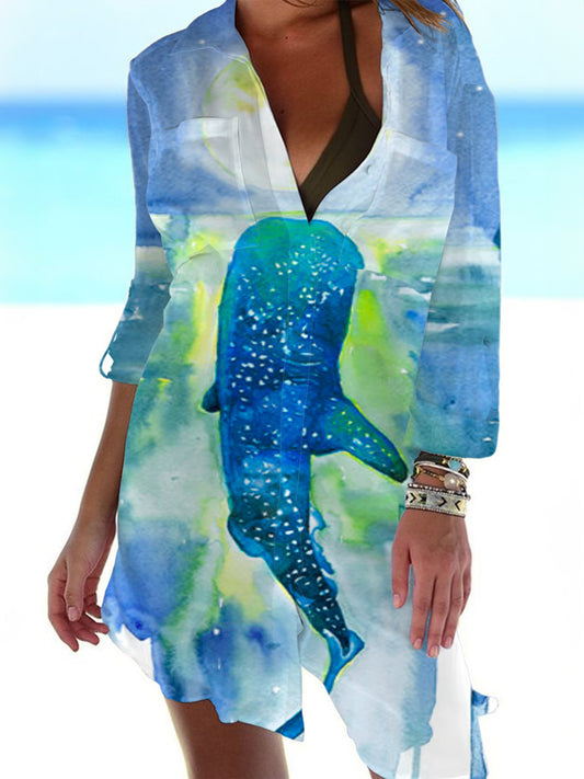 Whale Shark Art Moon Print Shirt Dress