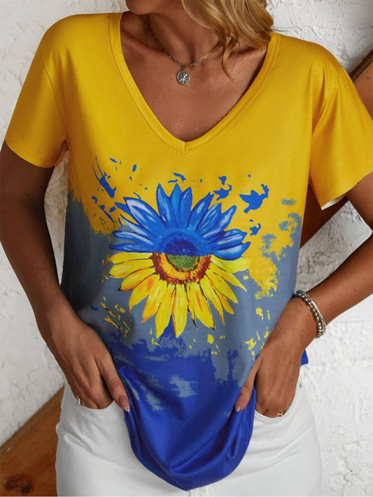 Contrasting Colors Sunflower V-Neck Short Sleeve T-Shirt