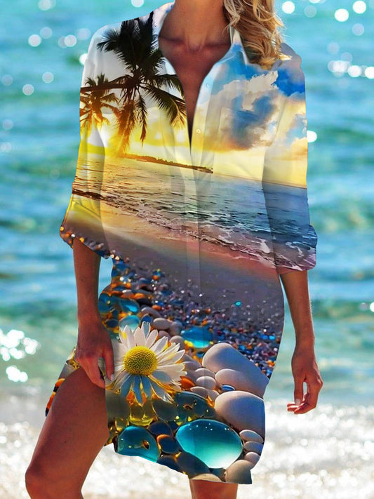 Vacation Coconut Tree Long Sleeve Beach Shirt Dress