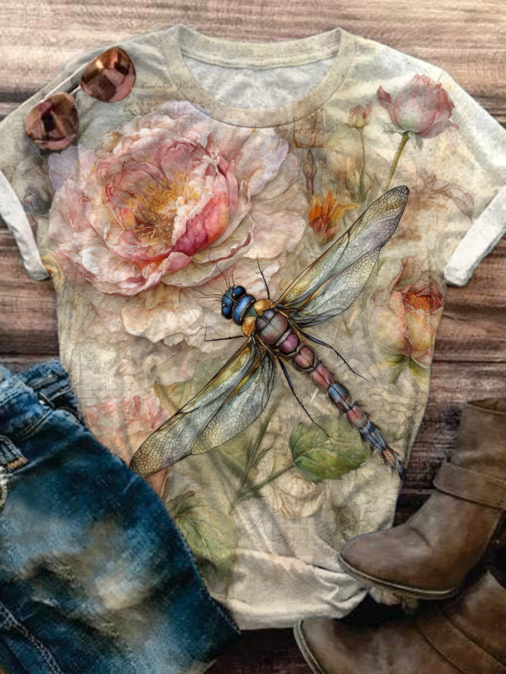 Flower And Dragonfly Print Crew Neck T-shirt
