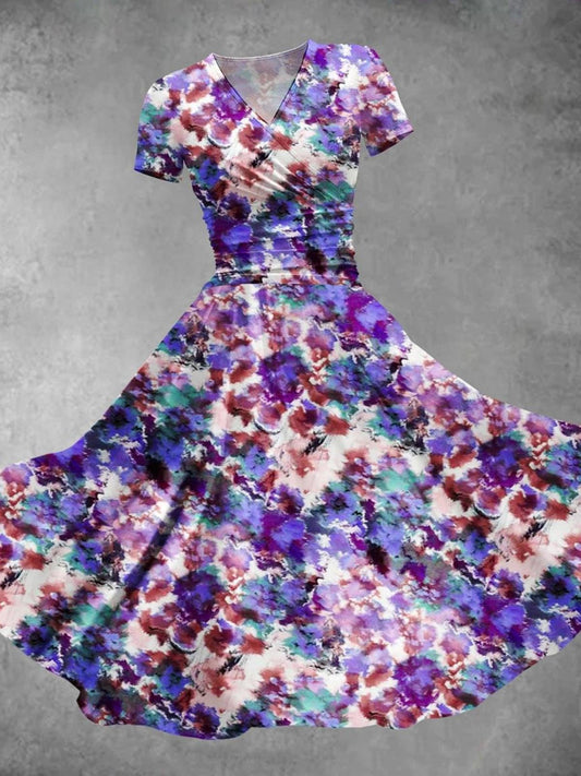 Abstract Watercolor Art V Neck Short Sleeve Women's Dress