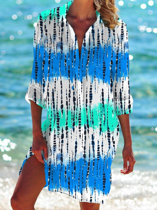 Gradient Tie Dye Long Sleeve Beach Shirt Dress