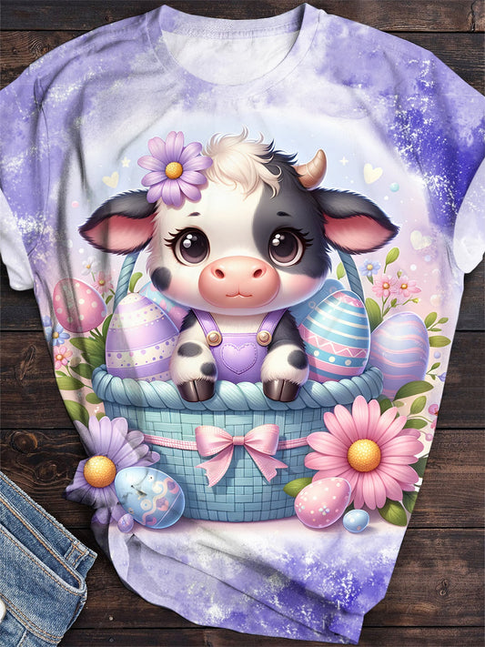 Cute Easter Cow Print Crew Neck T-Shirt