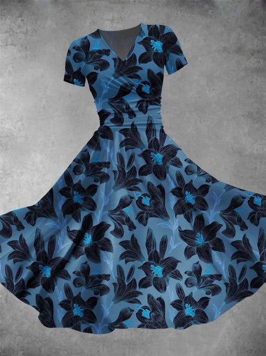Lily Flower V Neck Short Sleeve Women's Dress
