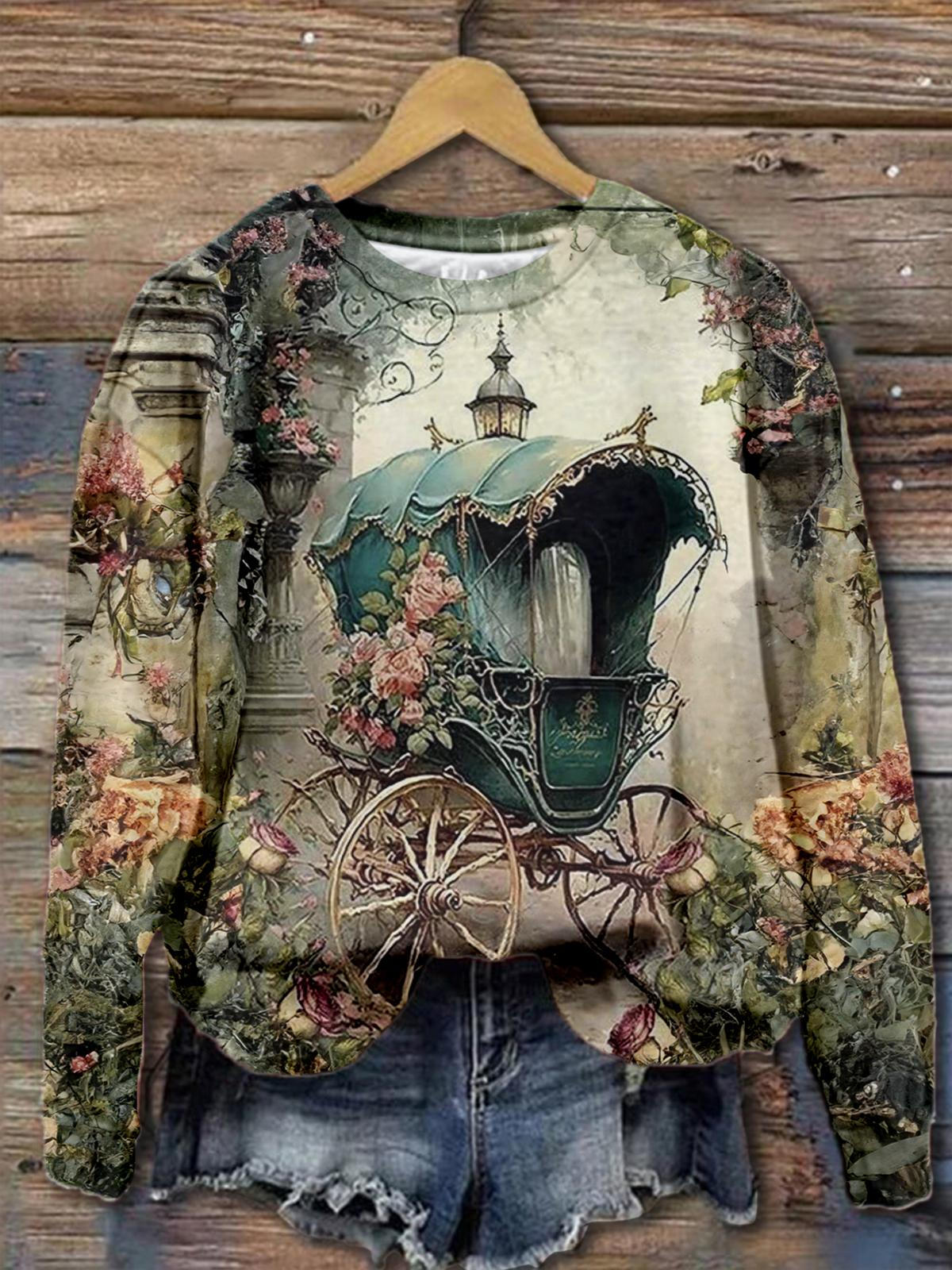 Floral Horse Carriage Print Long Sleeve Top