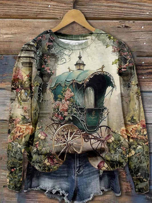 Floral Horse Carriage Print Long Sleeve Top