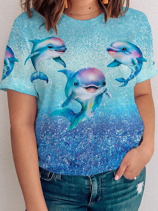 Sea Dolphins Print Crew Neck T-shirt