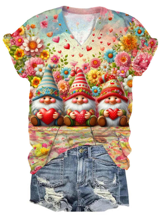 Flower Strawberry Gnomes V-Neck T-Shirt