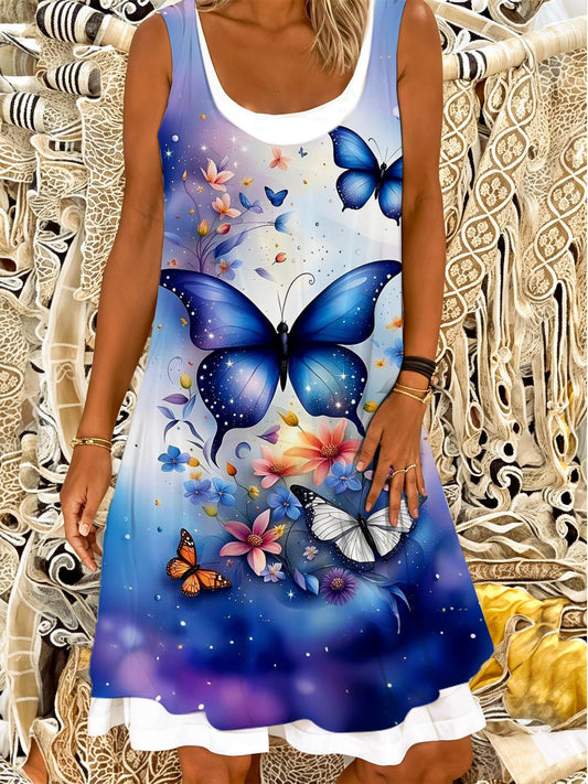 Flower Blue Butterflies Ladies False Two Dress