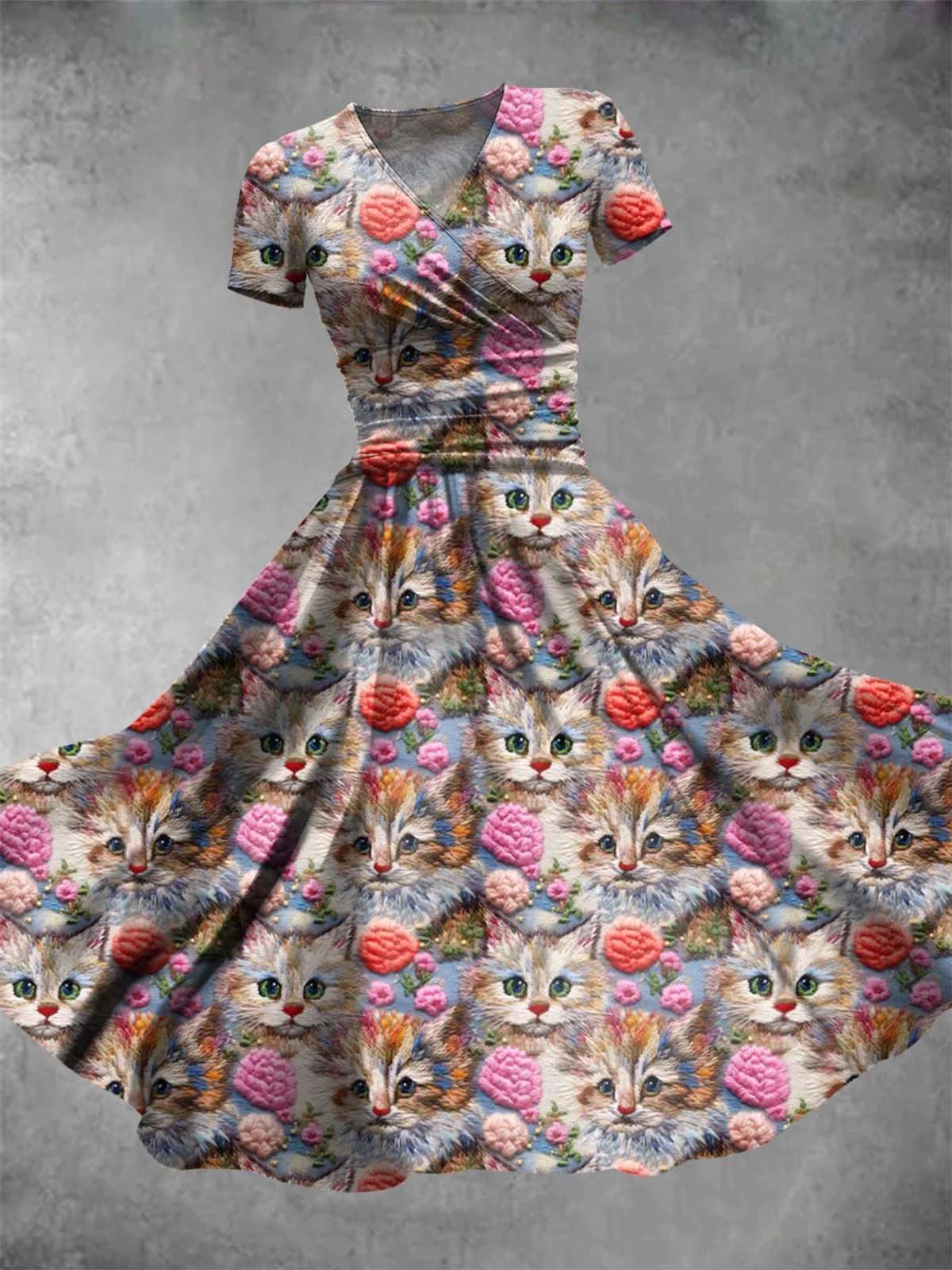 Cat Flower V Neck Short Sleeve Women's Dress