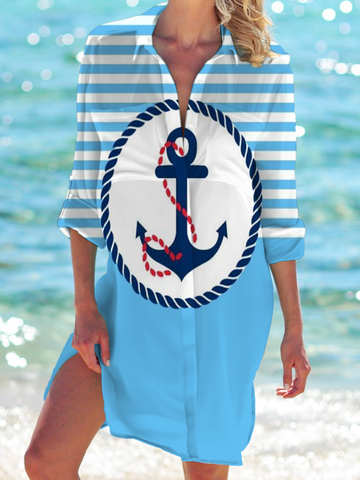 Anchor Stripe Print Long Sleeve Beach Shirt Dress